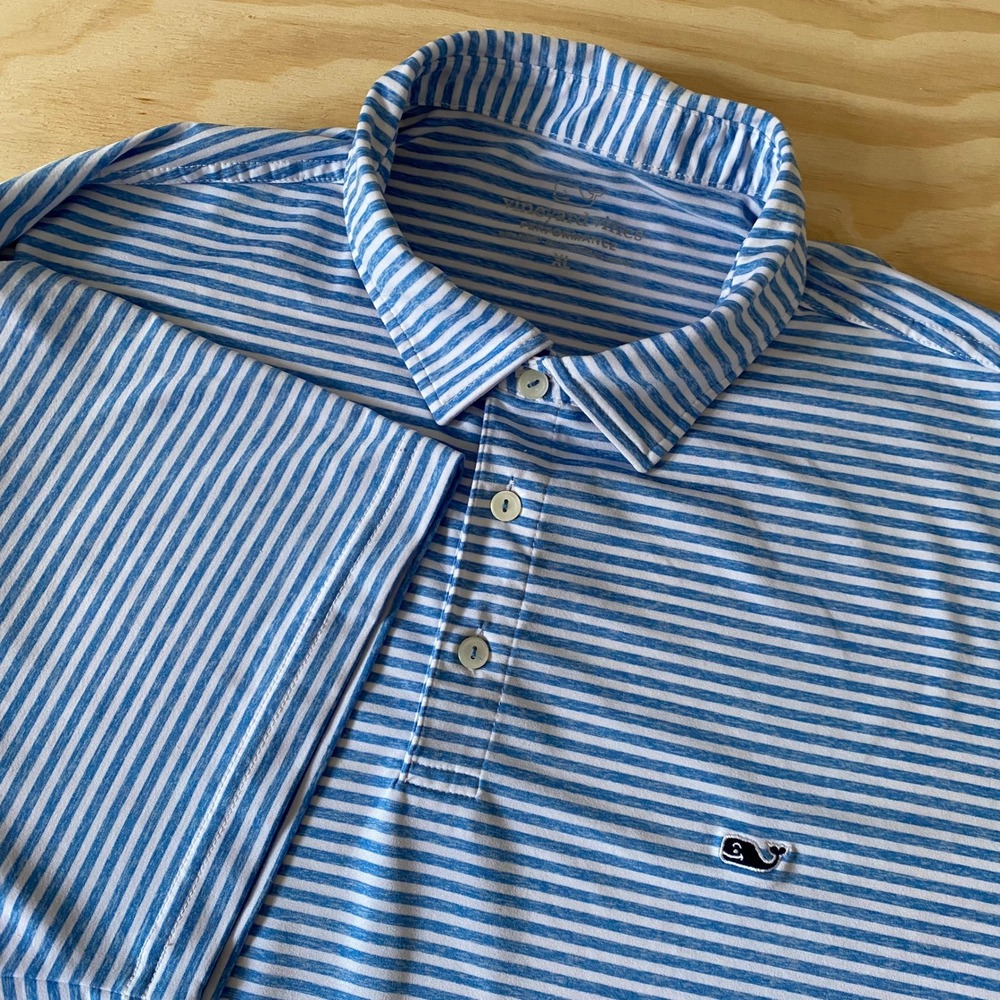 Vineyard Vines Performance Polo Shirt Blue White Striped Golf Athletic XL Light